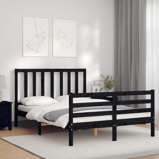 vidaXL Bed Frame with Headboard Black Double Solid Wood