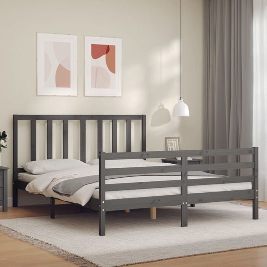 vidaXL Bed Frame with Headboard Grey King Size Solid Wood