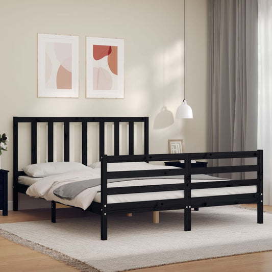 vidaXL Bed Frame with Headboard Black King Size Solid Wood