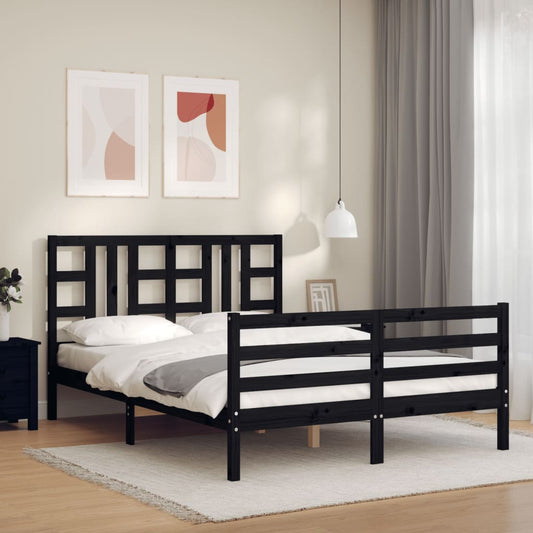 vidaXL Bed Frame with Headboard Black King Size Solid Wood