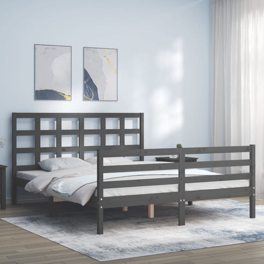 vidaXL Bed Frame with Headboard Grey King Size Solid Wood