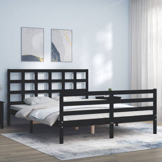 vidaXL Bed Frame with Headboard Black King Size Solid Wood
