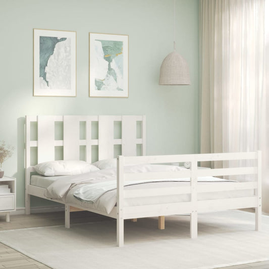 vidaXL Bed Frame with Headboard White Double Solid Wood