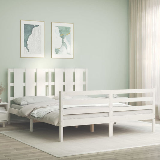 vidaXL Bed Frame with Headboard White King Size Solid Wood