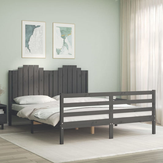 vidaXL Bed Frame with Headboard Grey King Size Solid Wood