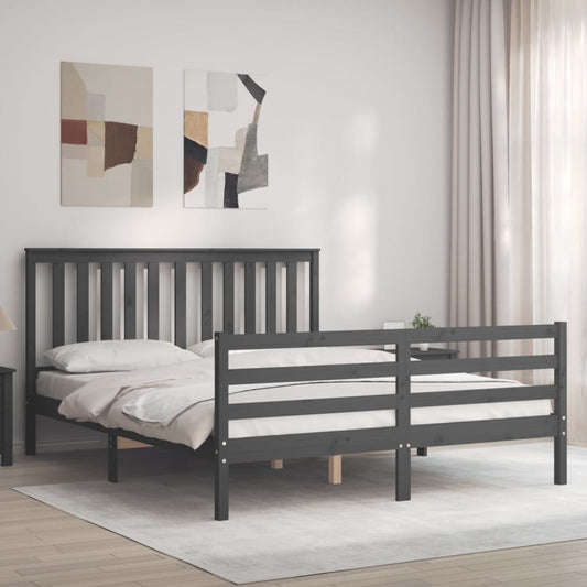 vidaXL Bed Frame with Headboard Grey King Size Solid Wood