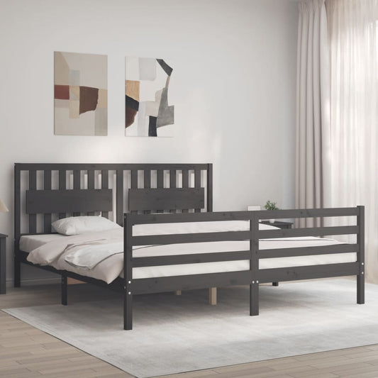 vidaXL Bed Frame with Headboard Grey Super King Size Solid Wood