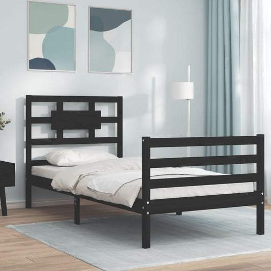 vidaXL Bed Frame with Headboard Black Single Solid Wood