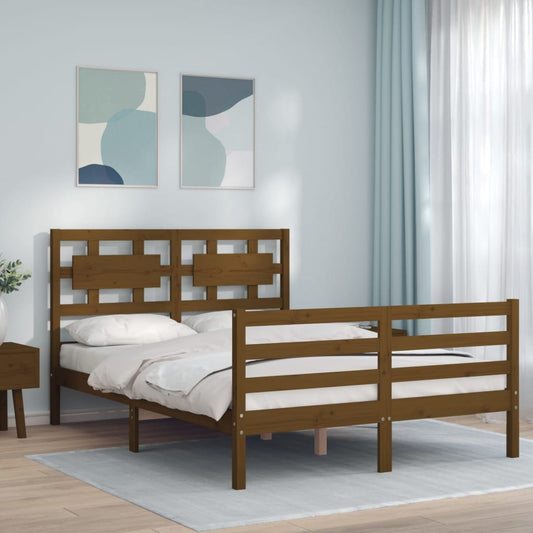 vidaXL Bed Frame with Headboard Honey Brown Small Double Solid Wood