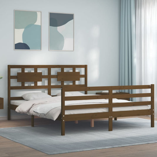 vidaXL Bed Frame with Headboard Honey Brown King Size Solid Wood
