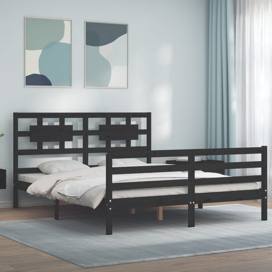 vidaXL Bed Frame with Headboard Black King Size Solid Wood