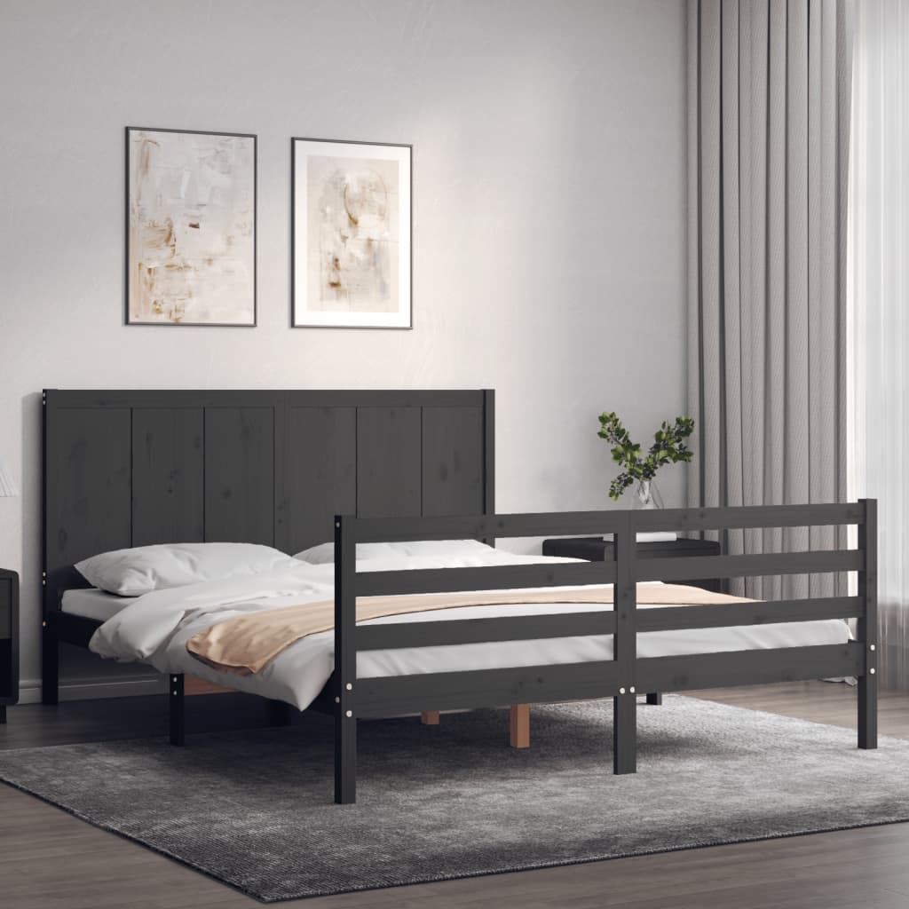 vidaXL Bed Frame with Headboard Grey King Size Solid Wood