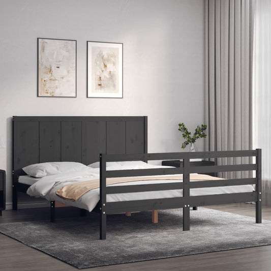 vidaXL Bed Frame with Headboard Grey King Size Solid Wood