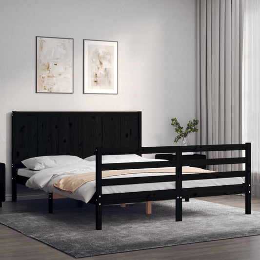 vidaXL Bed Frame with Headboard Black King Size Solid Wood