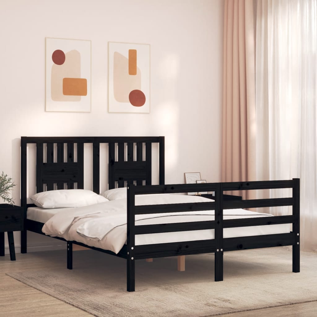 vidaXL Bed Frame with Headboard Black Small Double Solid Wood