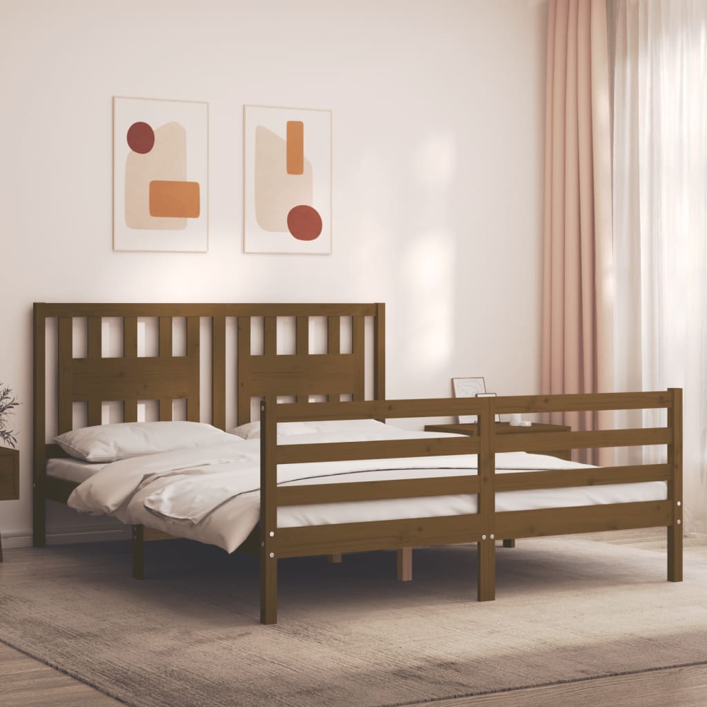 vidaXL Bed Frame with Headboard Honey Brown King Size Solid Wood