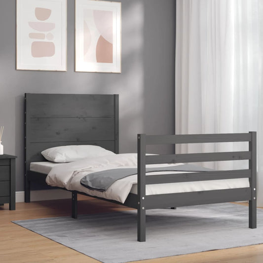 vidaXL Bed Frame with Headboard Grey Single Solid Wood