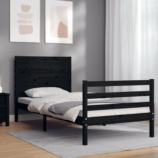 vidaXL Bed Frame with Headboard Black Single Solid Wood