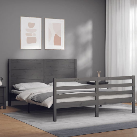 vidaXL Bed Frame with Headboard Grey King Size Solid Wood