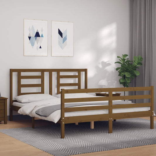 vidaXL Bed Frame with Headboard Honey Brown King Size Solid Wood