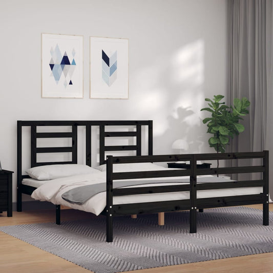 vidaXL Bed Frame with Headboard Black King Size Solid Wood