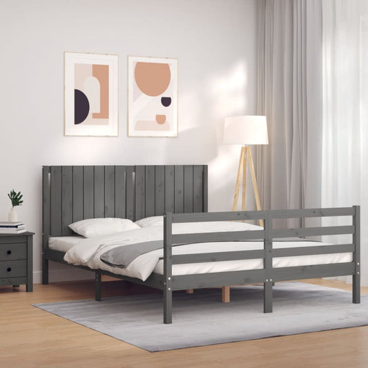 vidaXL Bed Frame with Headboard Grey King Size Solid Wood