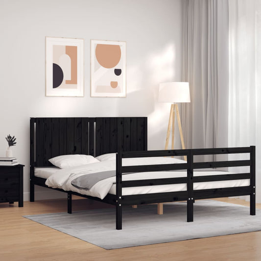 vidaXL Bed Frame with Headboard Black King Size Solid Wood