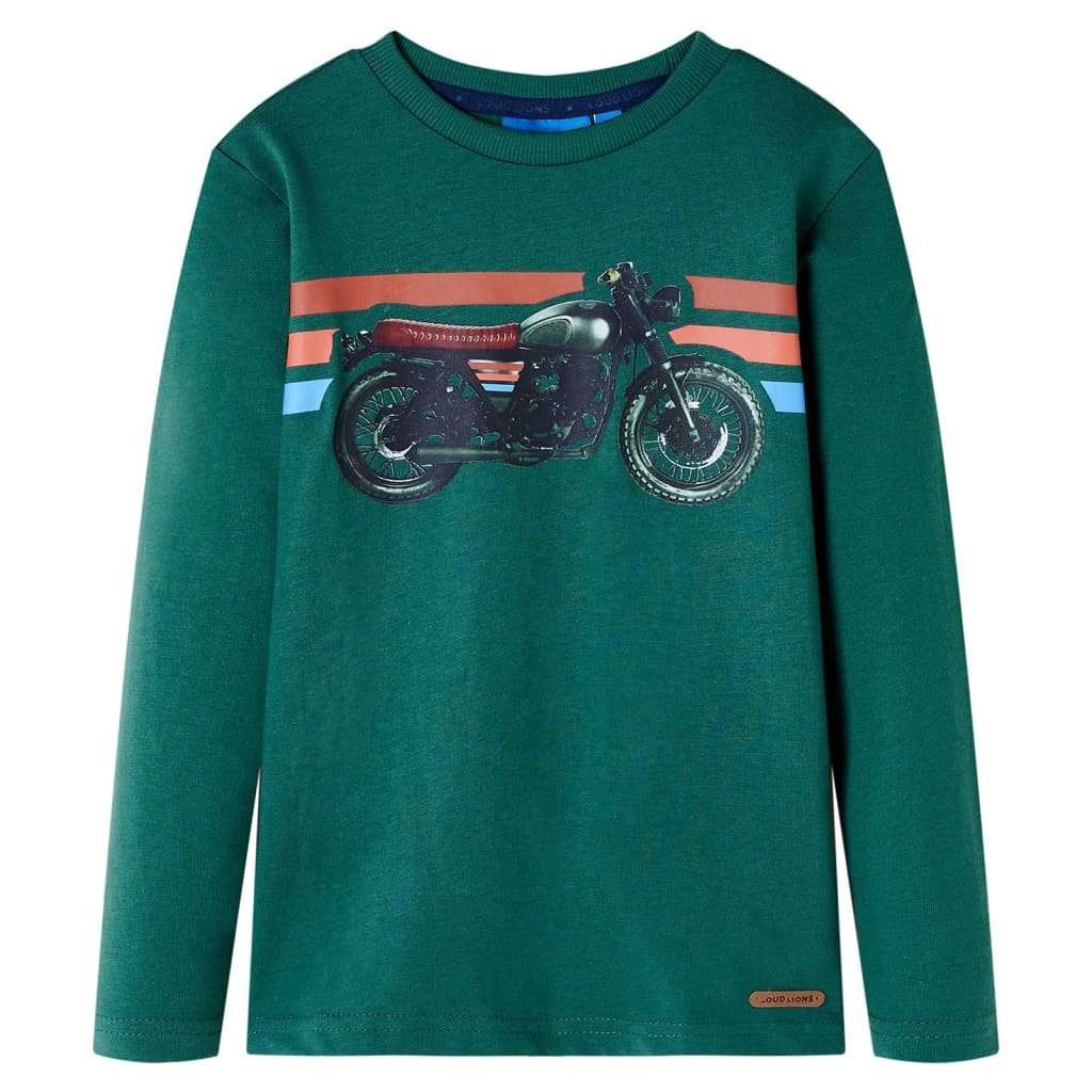 Kids' T-shirt with Long Sleeves Motorbike Print Green 140