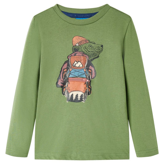Kids' T-shirt with Long Sleeves Bear Print Light Khaki 92