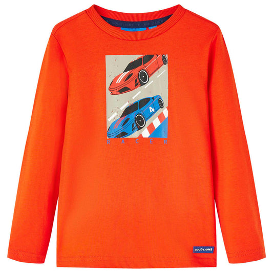 Kids' T-shirt with Long Sleeves Racing Car Print Bright Orange 92