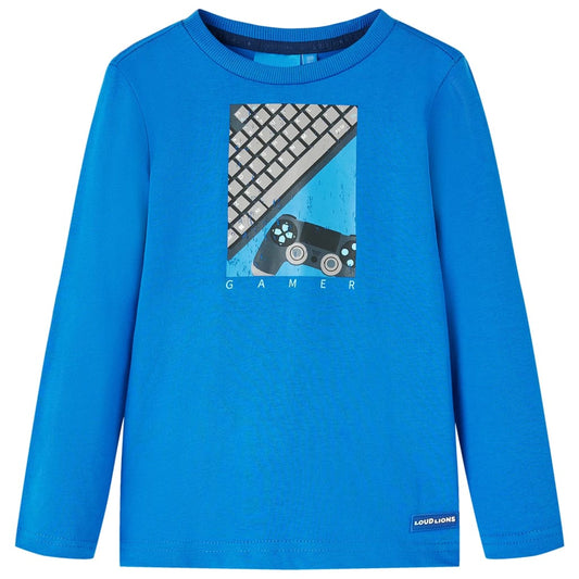 Kids' T-shirt with Long Sleeves Gamepad and Keyboard Print Cobalt Blue 92