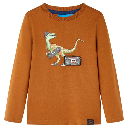 Kids' T-shirt with Long Sleeves Dinosaur Print Cognac 128