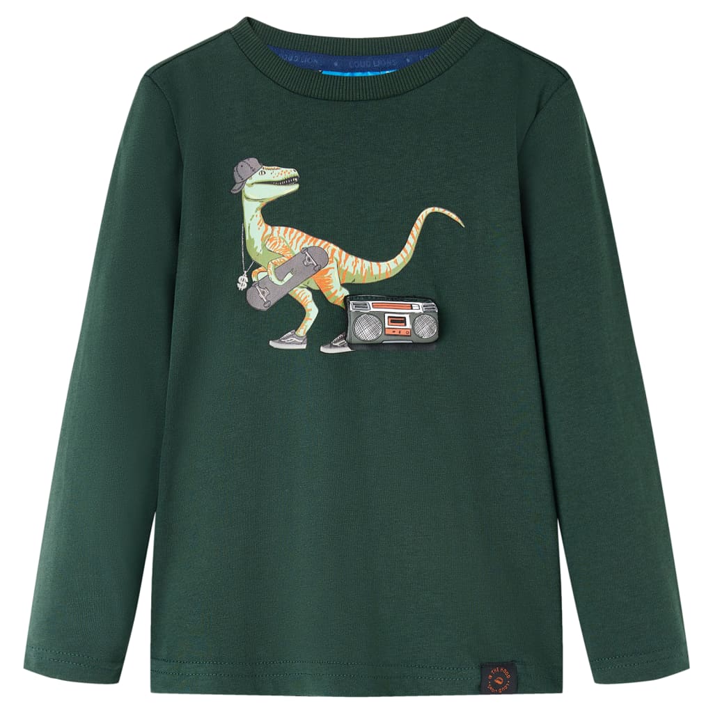 Kids' T-shirt with Long Sleeves Dinosaur Print Dark Green 104