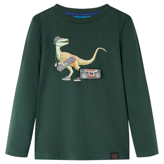 Kids' T-shirt with Long Sleeves Dinosaur Print Dark Green 128