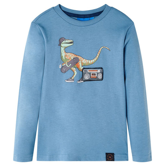 Kids' T-shirt with Long Sleeves Dinosaur Print Medium Blue 92