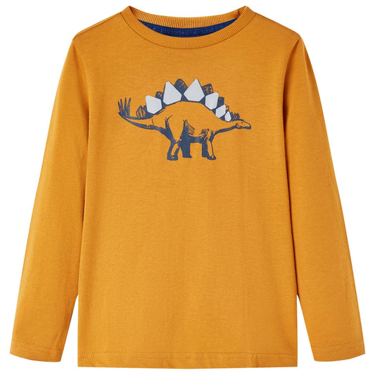 Kids' T-shirt with Long Sleeves Dinosaur Print Dark Ochre 92