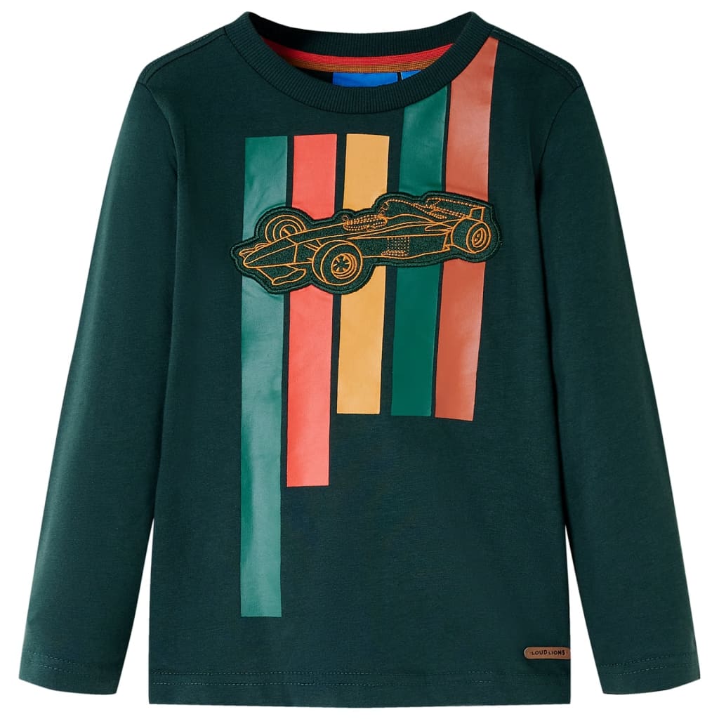Kids' T-shirt with Long Sleeves Racing Car Print Dark Green 116