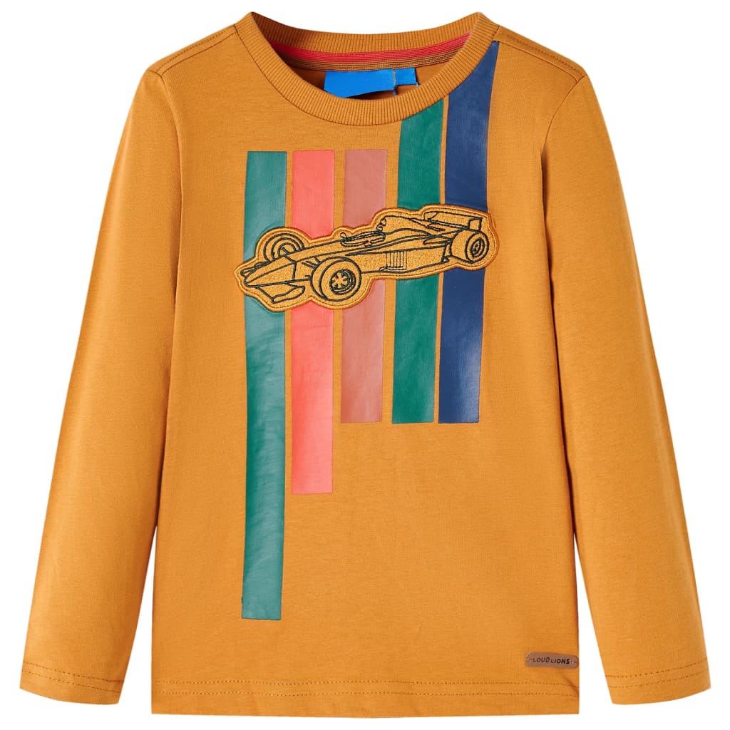 Kids' T-shirt with Long Sleeves Racing Car Print Dark Ochre 128