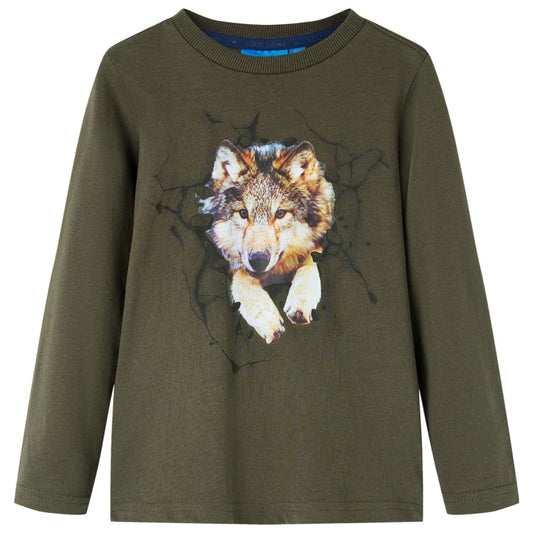 Kids' T-shirt with Long Sleeves Wolf Print Khaki 92
