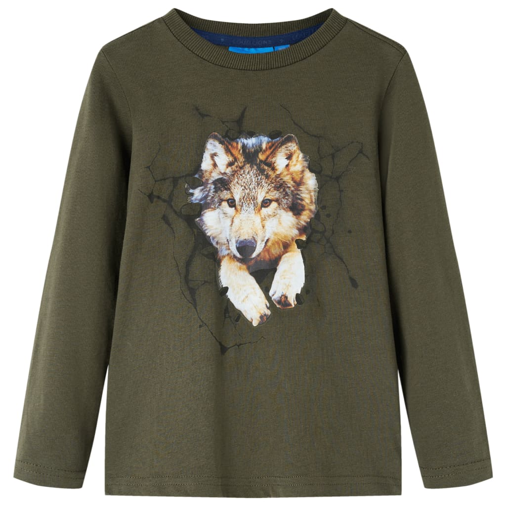Kids' T-shirt with Long Sleeves Wolf Print Khaki 116