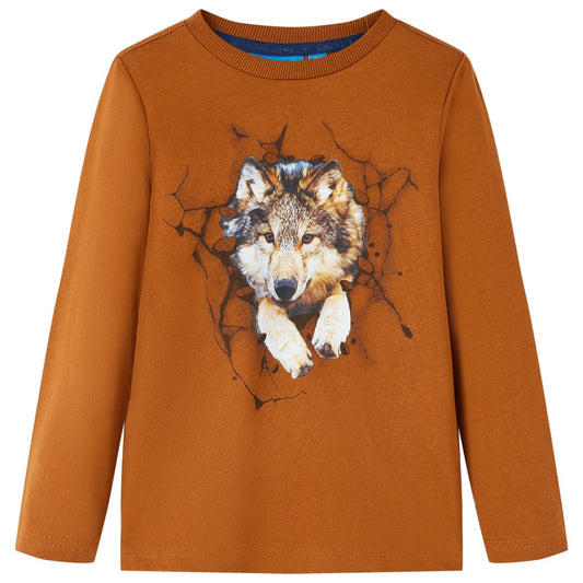 Kids' T-shirt with Long Sleeves Wolf Print Cognac 92