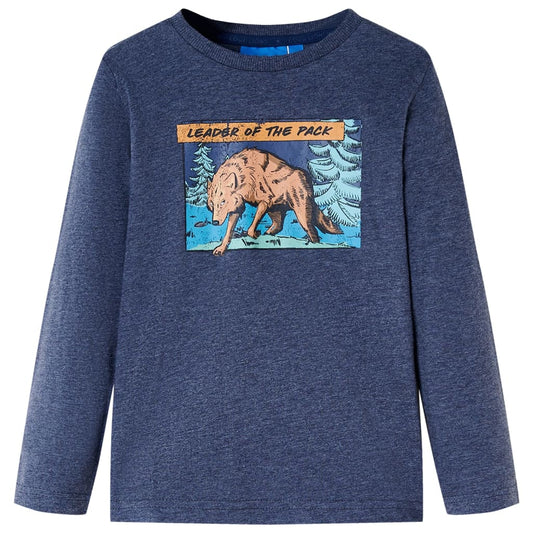 Kids' T-shirt with Long Sleeves Wolf Print Dark Blue Melange 140
