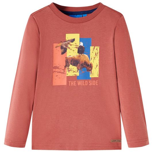 Kids' T-shirt with Long Sleeves Cattle and Bird Print Henna 128