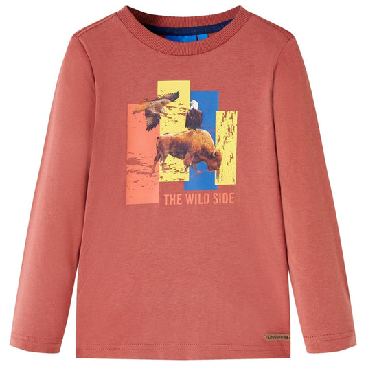 Kids' T-shirt with Long Sleeves Cattle and Bird Print Henna 140