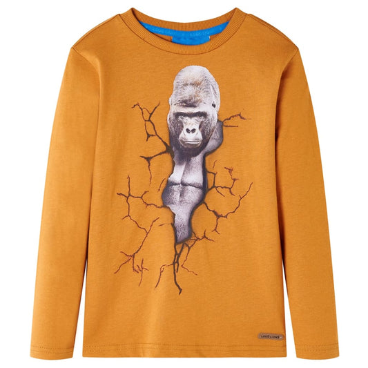Kids' T-shirt with Long Sleeves Gorilla Print Dark Ochre 104