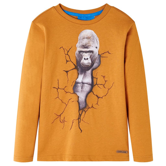 Kids' T-shirt with Long Sleeves Gorilla Print Dark Ochre 140