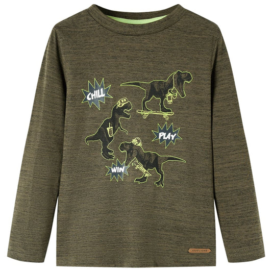 Kids' T-shirt with Long Sleeves Dinosaur Print Dark Khaki Melange 140