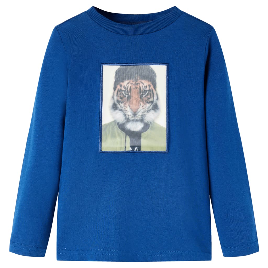 Kids' T-shirt with Long Sleeves Tiger Print Dark Blue 140