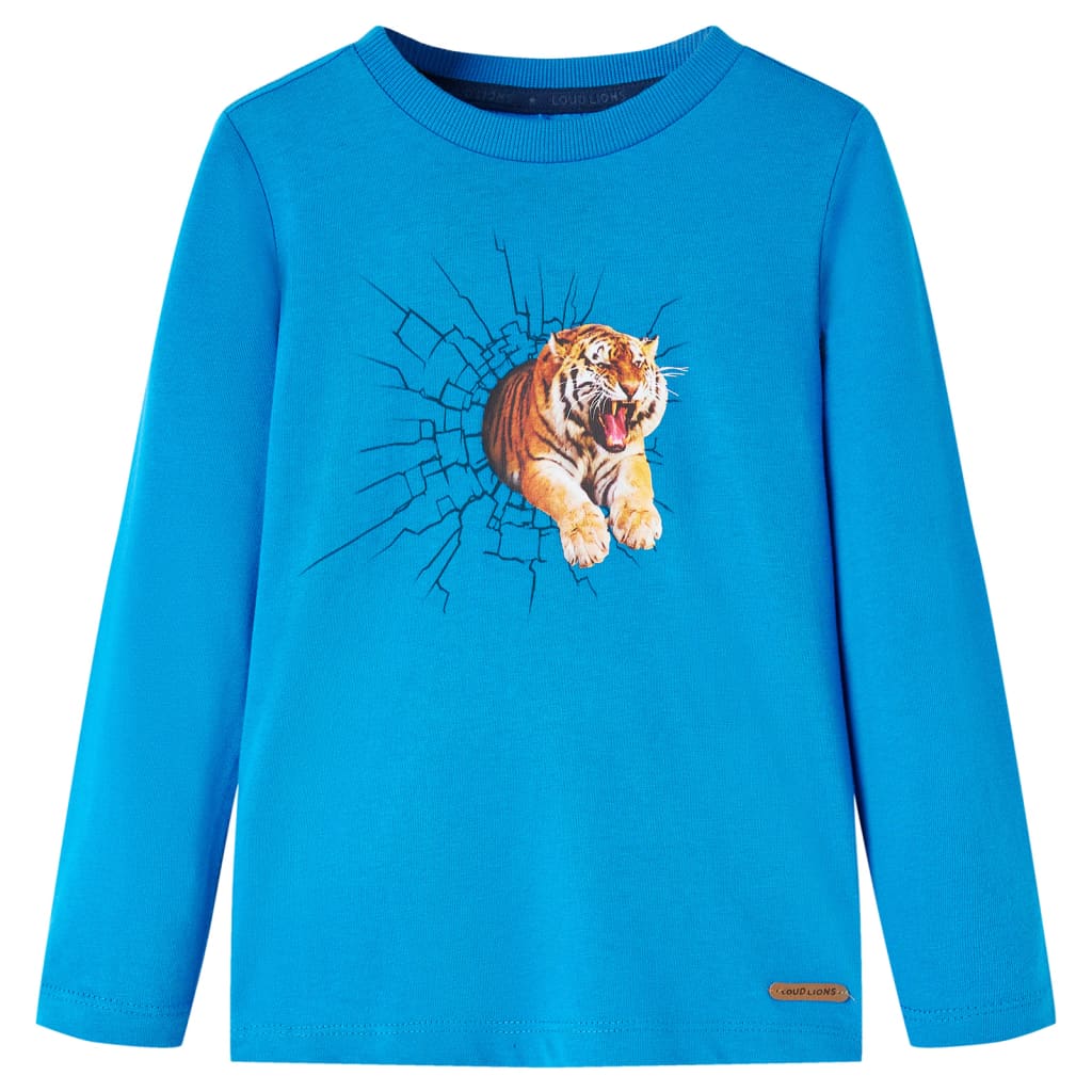 Kids' T-shirt with Long Sleeves Tiger Print Cobalt Blue 92