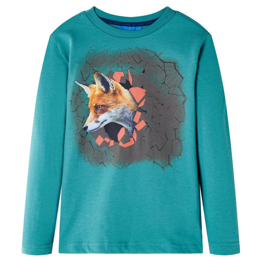 Kids' T-shirt with Long Sleeves Fox Print Dark Aqua 92